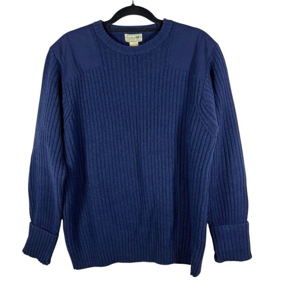 LL Bean Sweater Men Size XL Blue Commando Shoulder & Elbow Patches Merino‎ Wool - Picture 1 of 9